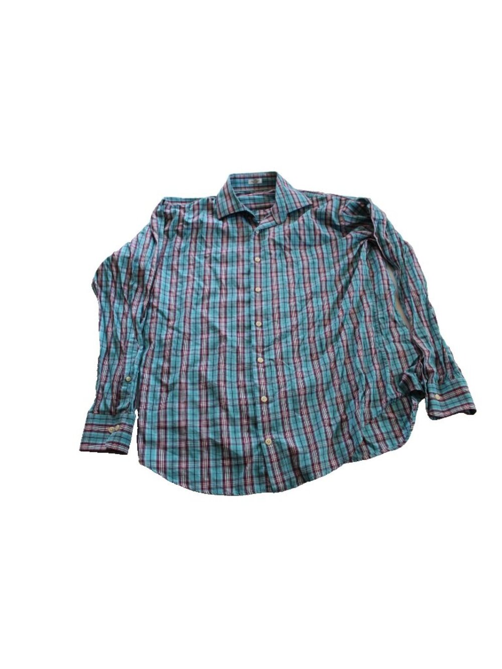 Peter Millar Mens Large L Silk Blend Plaid Button Up Shirt Teal Burgundy Luxury